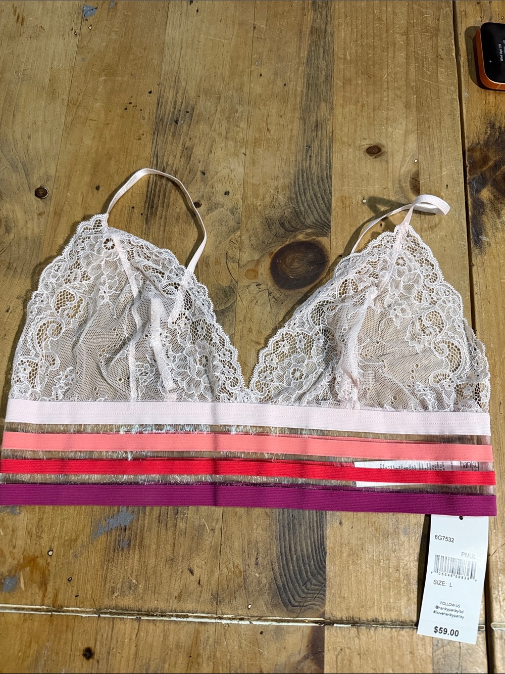 Hanky Panky Sunset Stripe Modern Bralette Lace Rosy Peach L NWT